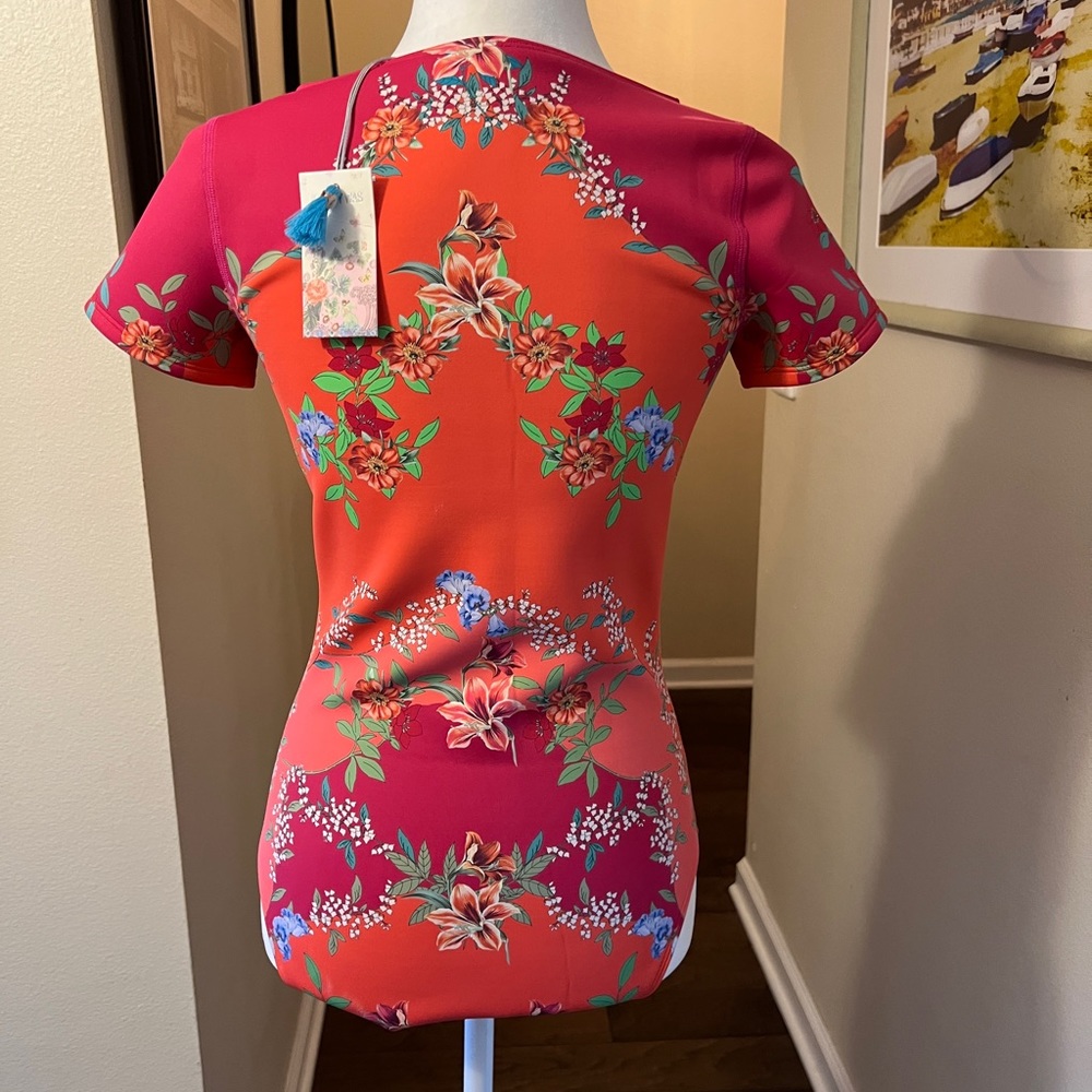 Johnny Was Short-Sleeve Floral One-Piece Swimsuit in Pink & Orange - Picture 5 of 8